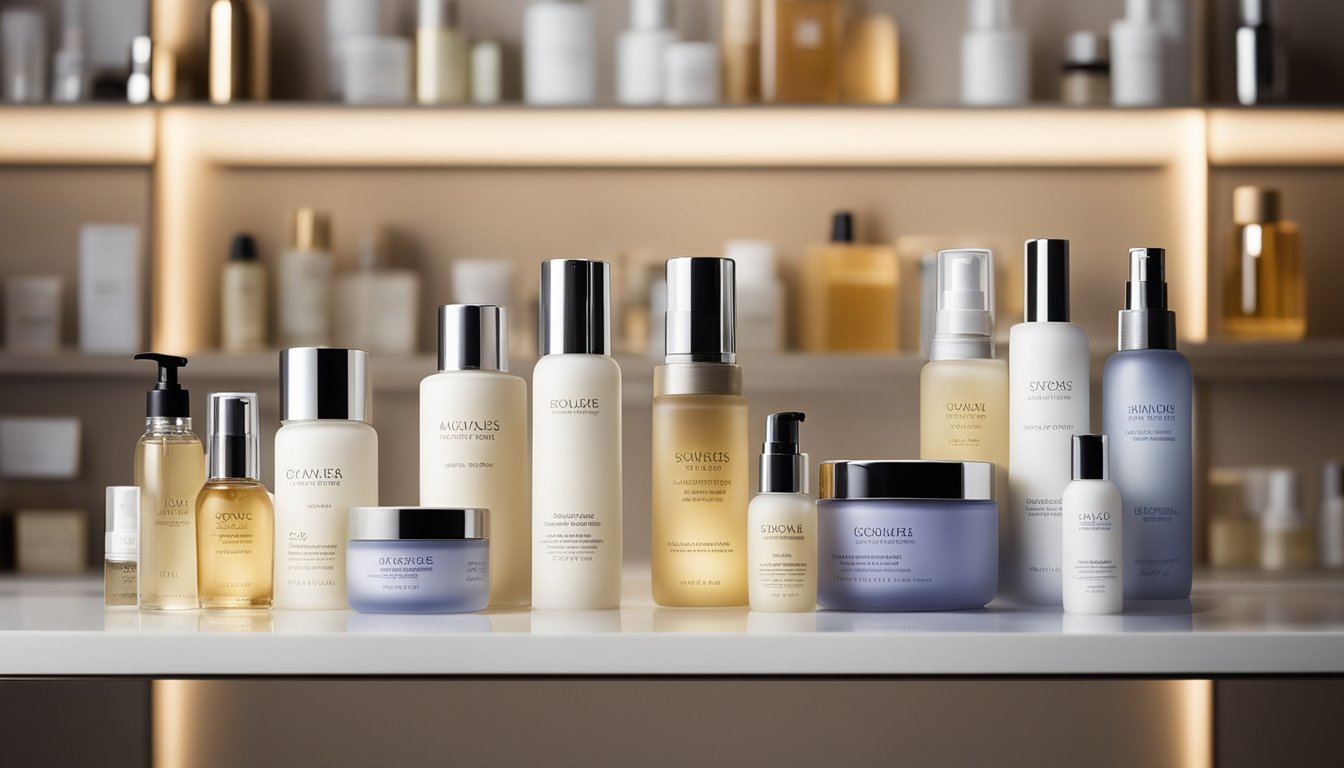 A variety of skincare products arranged on a clean, modern display shelf with a backdrop of natural, soft lighting